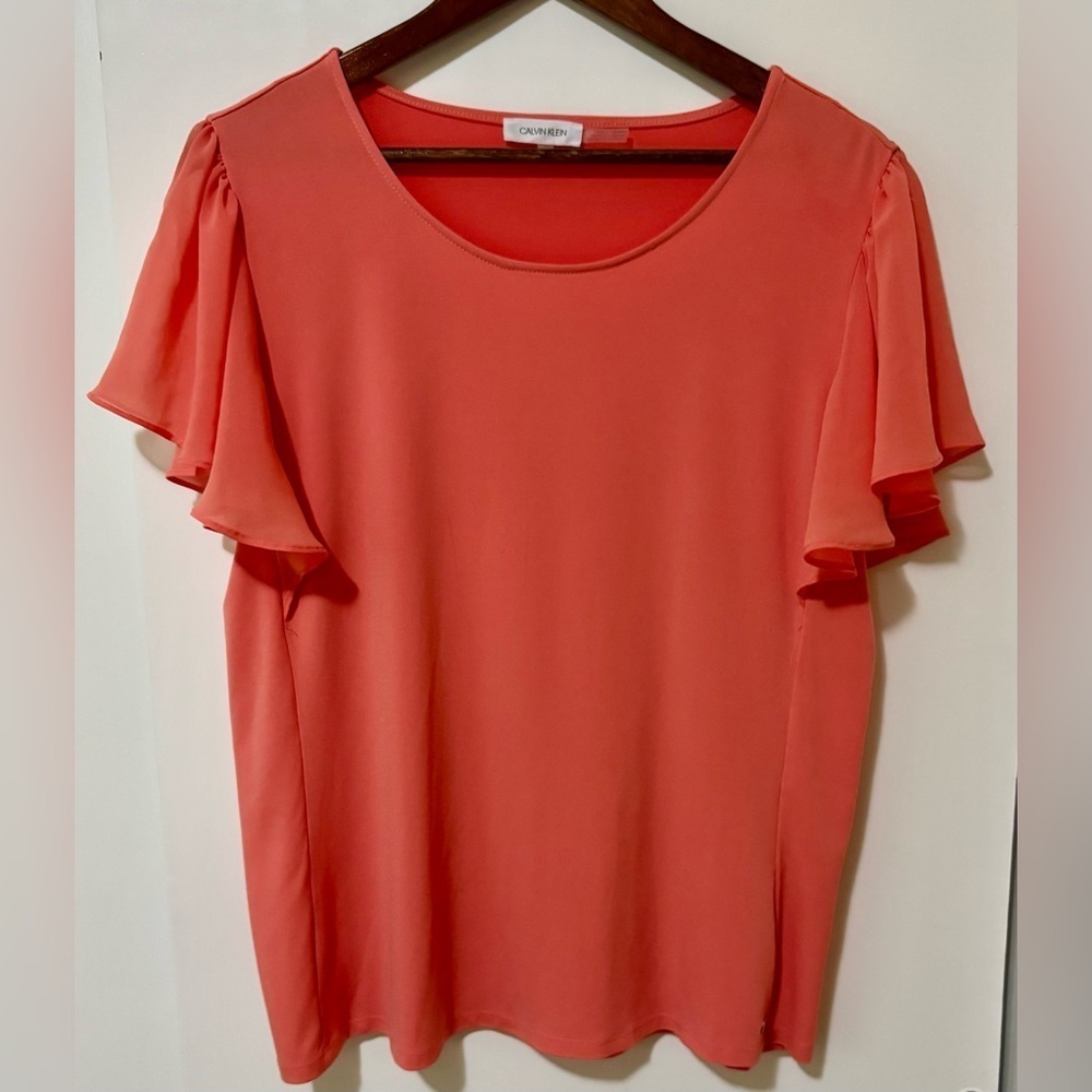 Calvin Klein| Pretty Vibrant Coral Flutter-Sleeve Lightweight Top Blouse Sz L